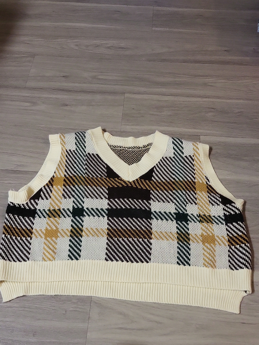 Ivory Plaid Knit V-Neck Sweater Vest
